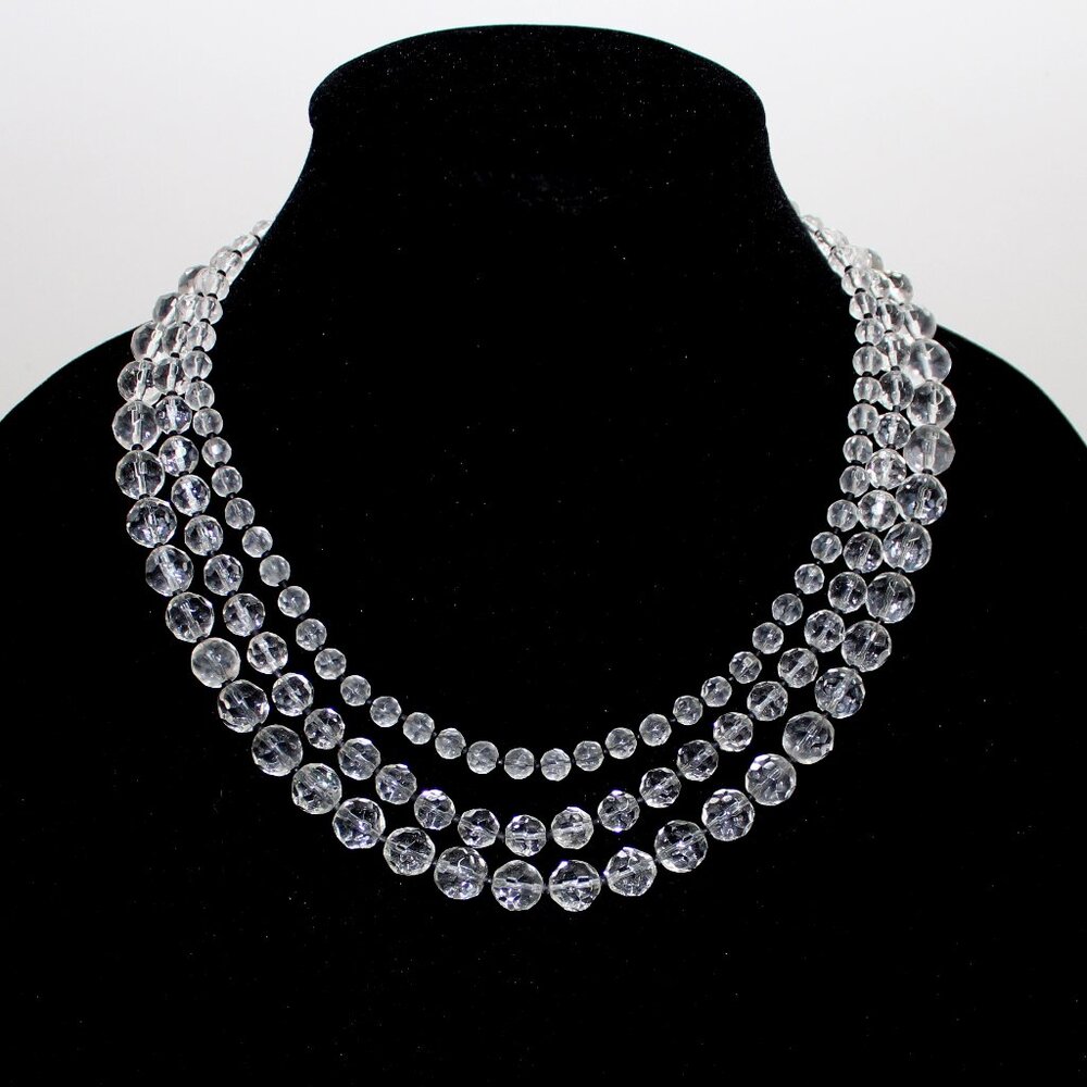 Older Express 3 Strand or Multi Layer Clear Facet Bead Lobster Clasp Necklace - Picture 2 of 9